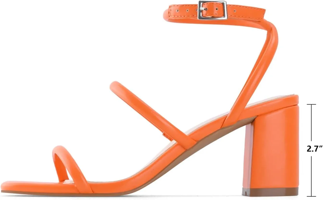 Shoe'N Tale Strappy Heels for Women Ankle Buckle Chunky Heels Square Toe Heeled Sandals