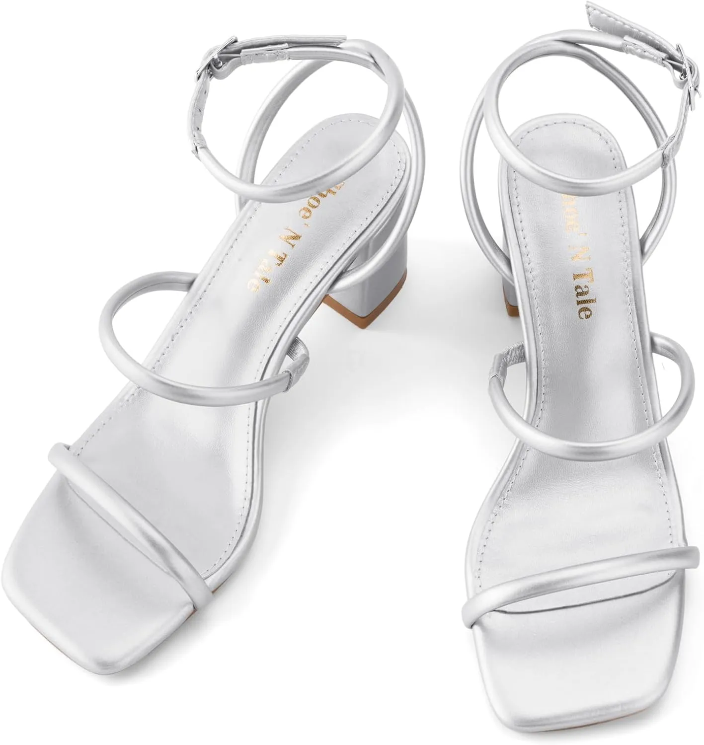 Shoe'N Tale Strappy Heels for Women Ankle Buckle Chunky Heels Square Toe Heeled Sandals