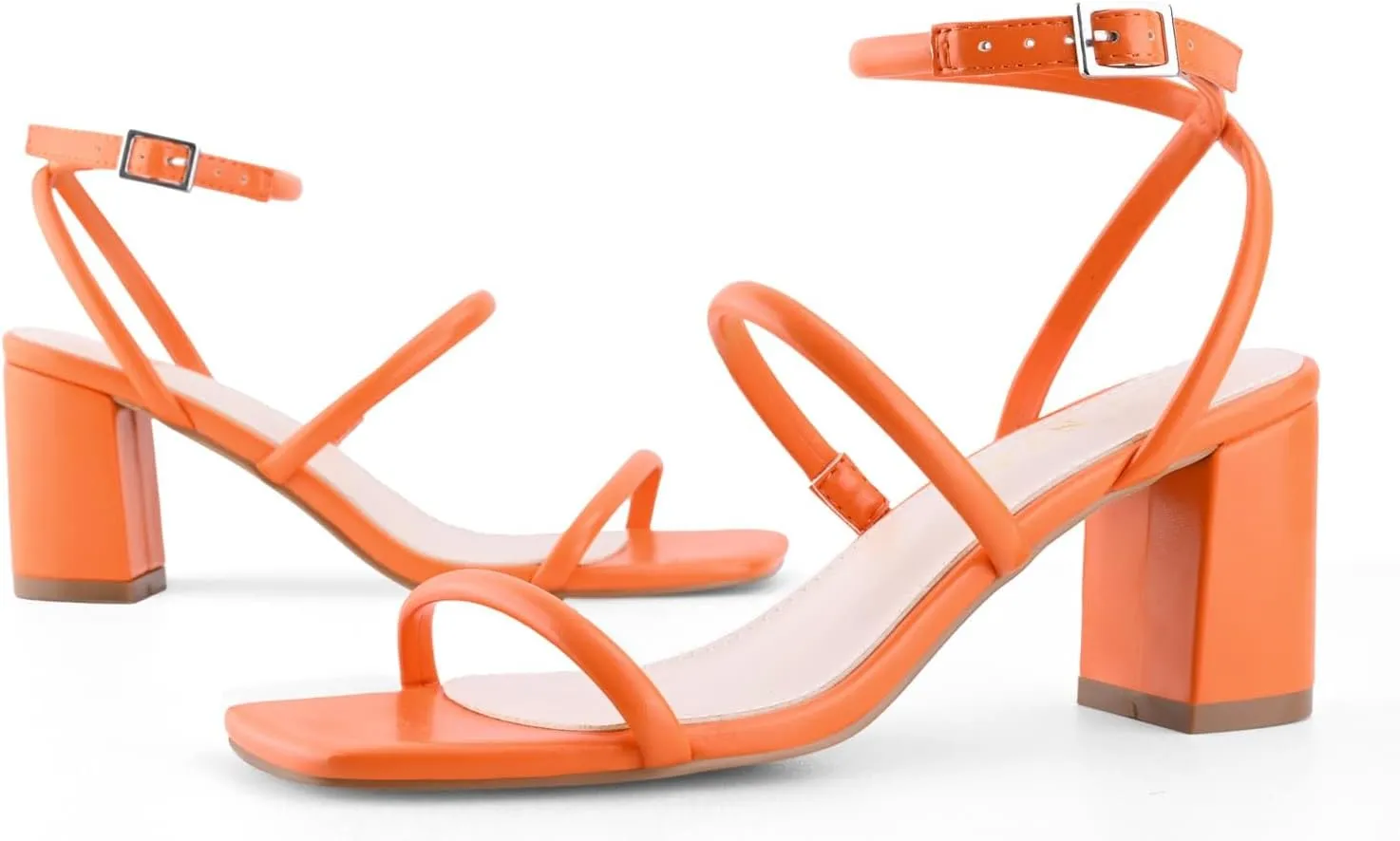 Shoe'N Tale Strappy Heels for Women Ankle Buckle Chunky Heels Square Toe Heeled Sandals