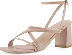 Shoe'N Tale Strappy Heels for Women Block Chunky Heels Open Square Toe Ankle Strap Buckle Sandals