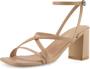 Shoe'N Tale Strappy Heels for Women Block Chunky Heels Open Square Toe Ankle Strap Buckle Sandals