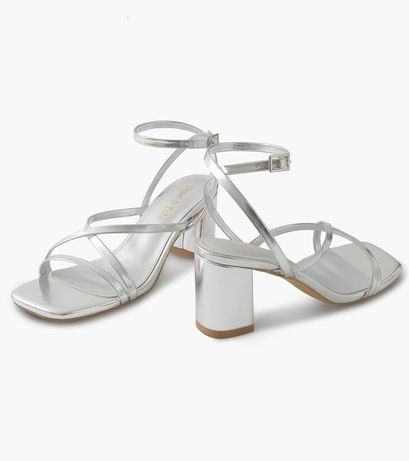 Shoe'N Tale Strappy Heels for Women Block Chunky Heels Open Square Toe Ankle Strap Buckle Sandals