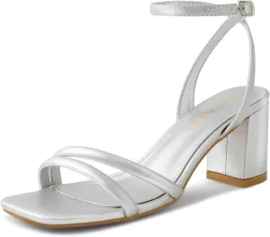 Shoe'N Tale Strappy Heels for Women Square Toe Chunky Block Heels Ankle Buckle Heeled Sandals