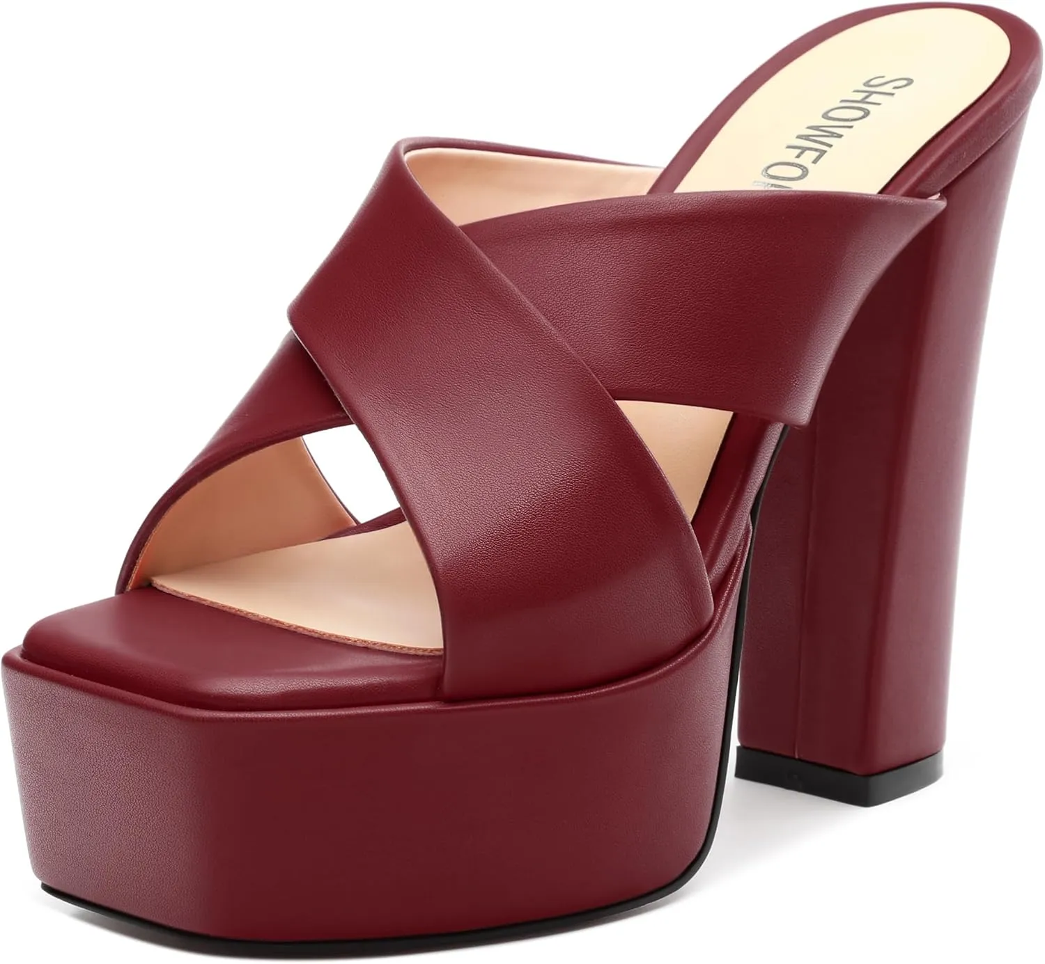 SHOWFOREST Heels for Women Platform Block High Heel Square Open Toe Matte 5 Inch Sandals Slip on Fashion Party Wedding Dating Dress Shoes