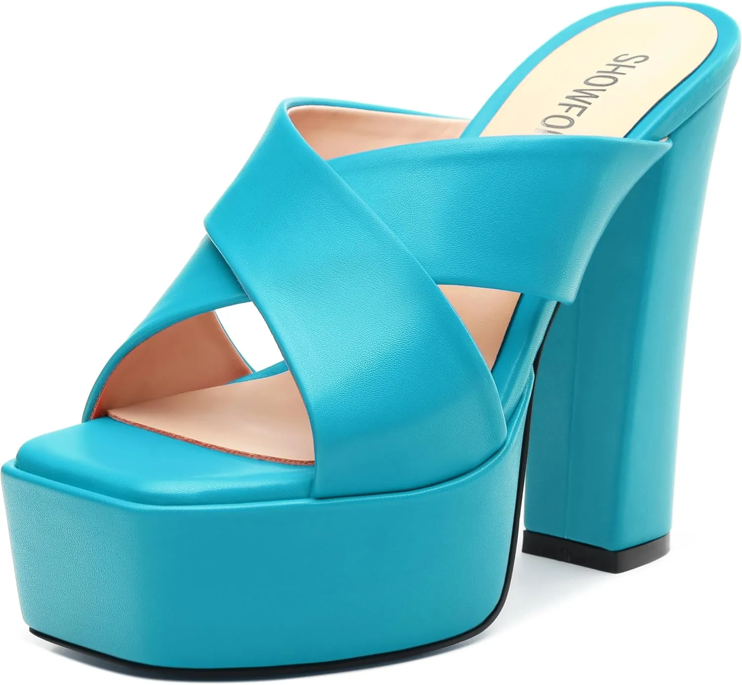 SHOWFOREST Heels for Women Platform Block High Heel Square Open Toe Matte 5 Inch Sandals Slip on Fashion Party Wedding Dating Dress Shoes