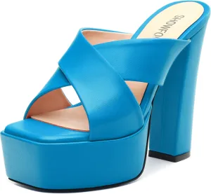 SHOWFOREST Heels for Women Platform Block High Heel Square Open Toe Matte 5 Inch Sandals Slip on Fashion Party Wedding Dating Dress Shoes