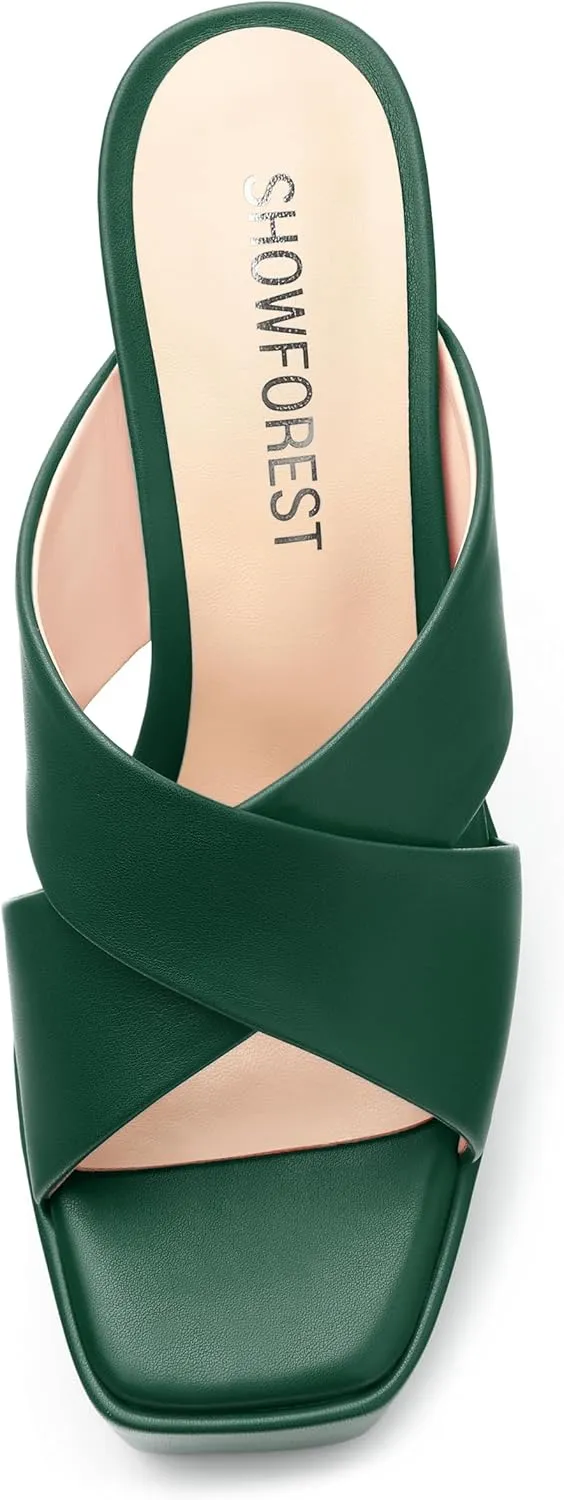 SHOWFOREST Heels for Women Platform Block High Heel Square Open Toe Matte 5 Inch Sandals Slip on Fashion Party Wedding Dating Dress Shoes