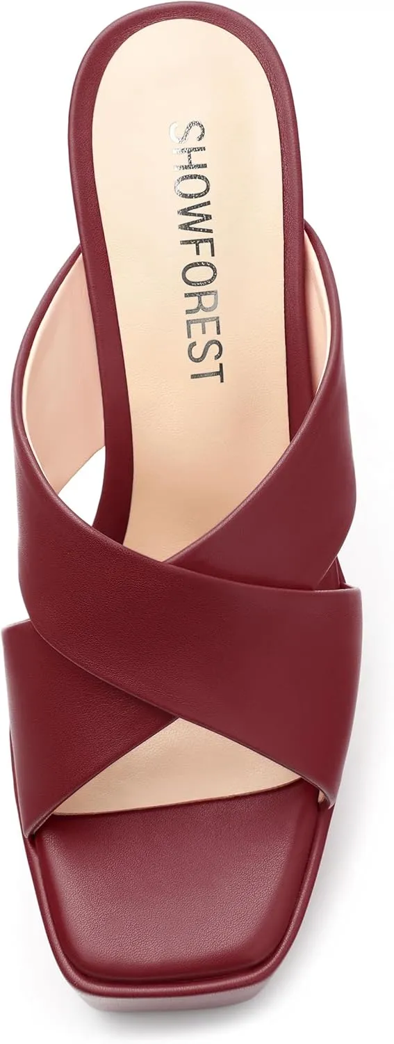 SHOWFOREST Heels for Women Platform Block High Heel Square Open Toe Matte 5 Inch Sandals Slip on Fashion Party Wedding Dating Dress Shoes