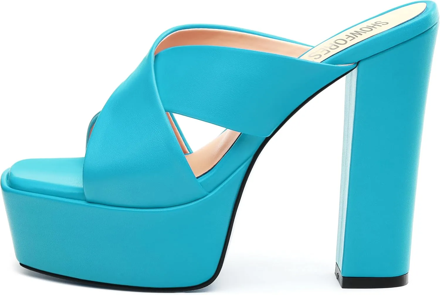 SHOWFOREST Heels for Women Platform Block High Heel Square Open Toe Matte 5 Inch Sandals Slip on Fashion Party Wedding Dating Dress Shoes