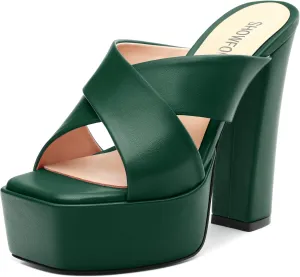 SHOWFOREST Heels for Women Platform Block High Heel Square Open Toe Matte 5 Inch Sandals Slip on Fashion Party Wedding Dating Dress Shoes