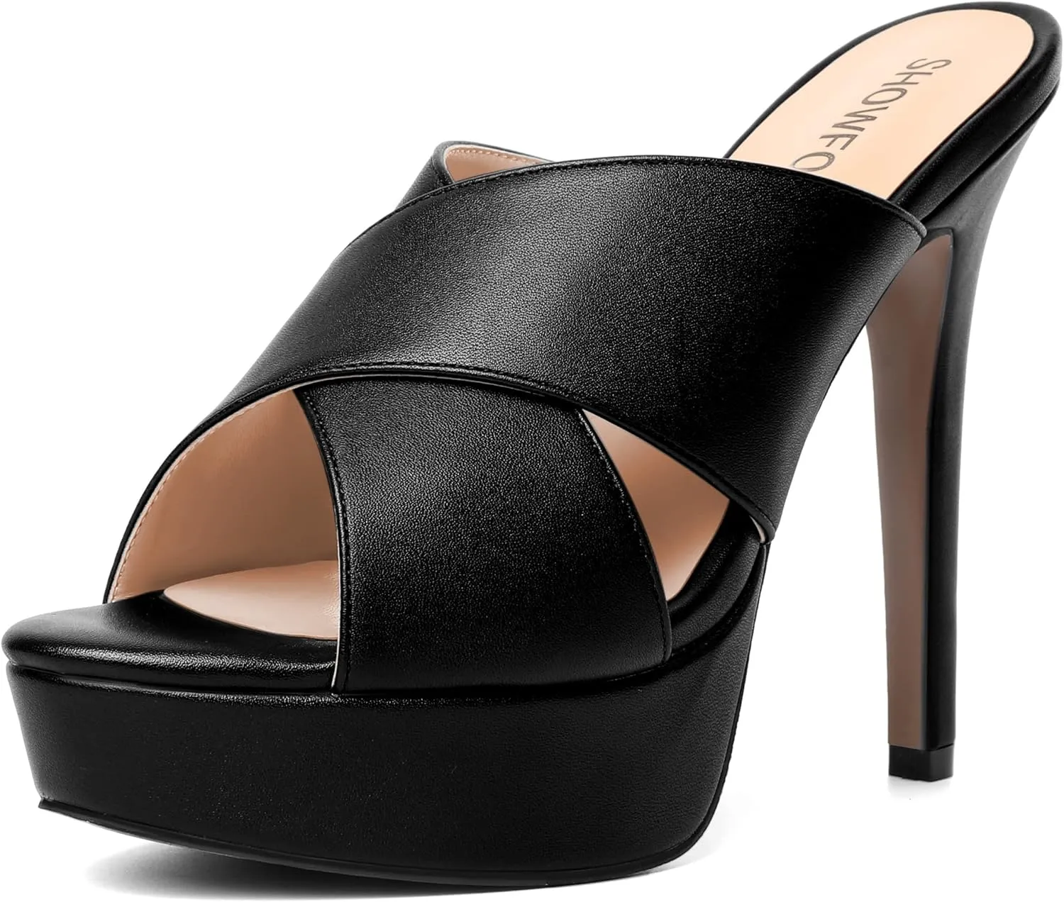 SHOWFOREST Womens Round Toe Fashion Dating Slip On Solid Open Toe Matte Stiletto High Heel Heeled Sandals 5 Inch
