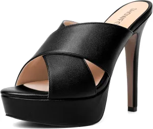 SHOWFOREST Womens Round Toe Fashion Dating Slip On Solid Open Toe Matte Stiletto High Heel Heeled Sandals 5 Inch