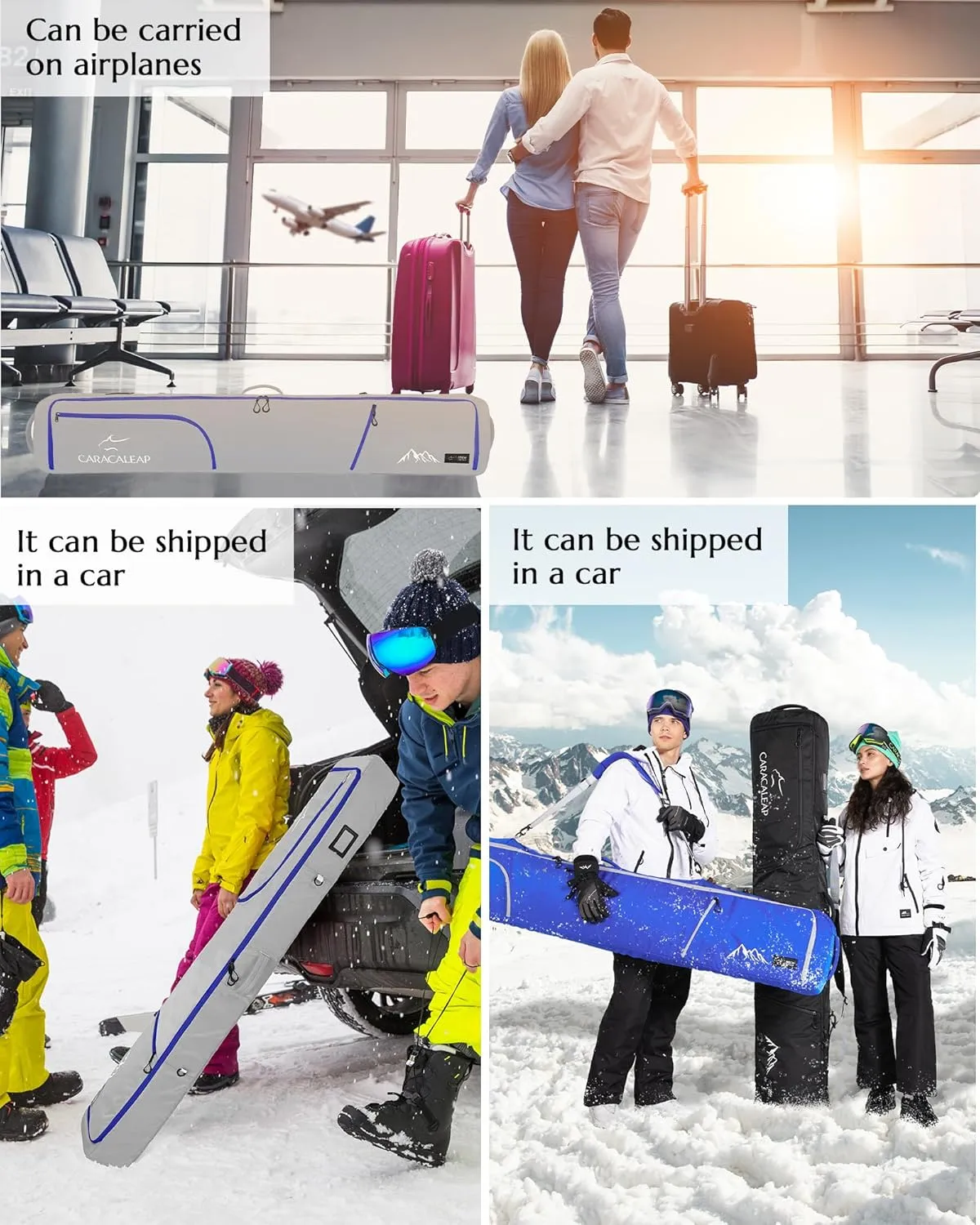 Ski Snowboard Bag Fully Padded for Air Travel 2 pair, Double Snowboard Bag Water-Resistant Padded with 10mm Foam, Snow Ski Travel Bag Large Capacity for Ski Gear,Pole Fit 2 Set Skis Up to 195cm