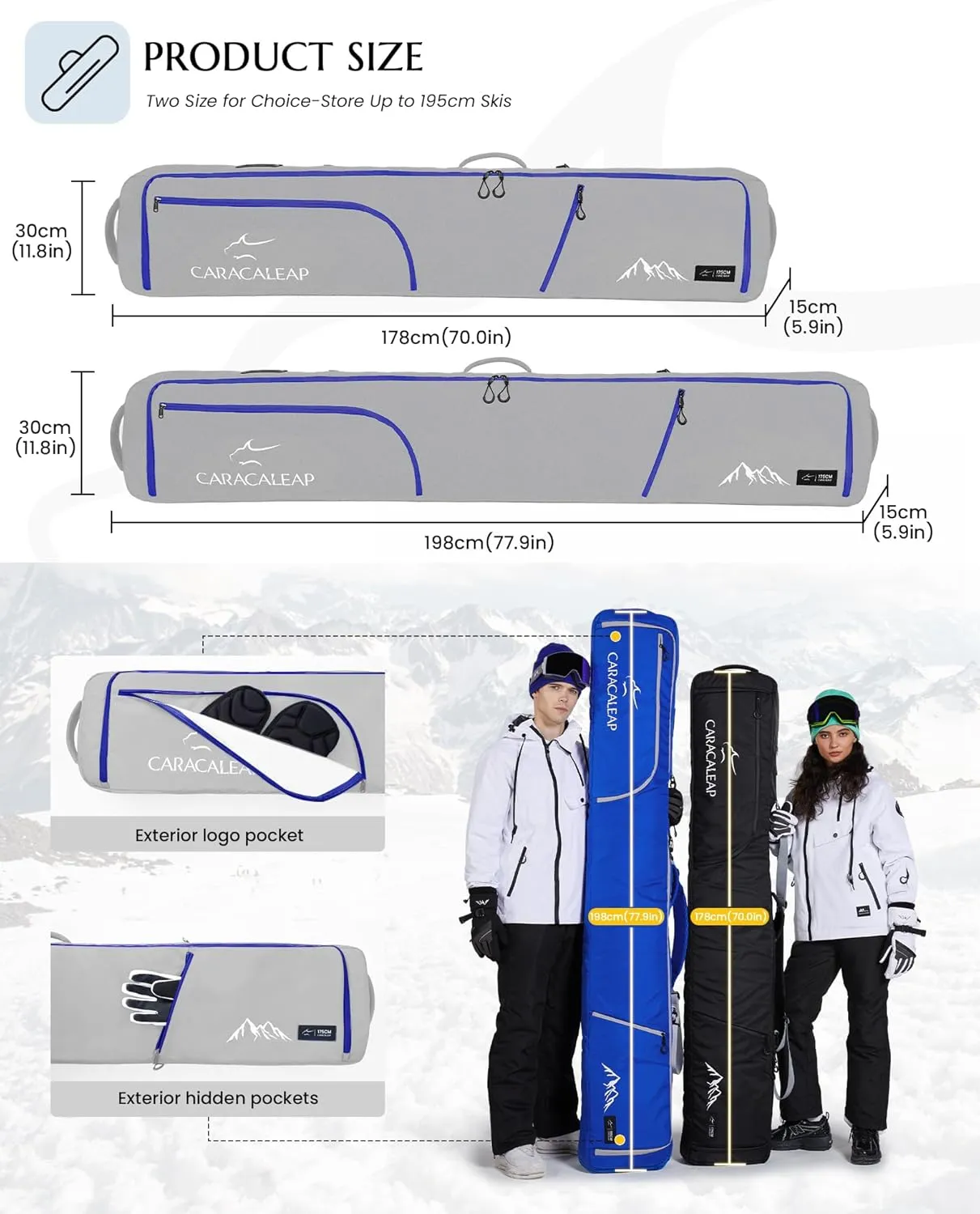 Ski Snowboard Bag Fully Padded for Air Travel 2 pair, Double Snowboard Bag Water-Resistant Padded with 10mm Foam, Snow Ski Travel Bag Large Capacity for Ski Gear,Pole Fit 2 Set Skis Up to 195cm