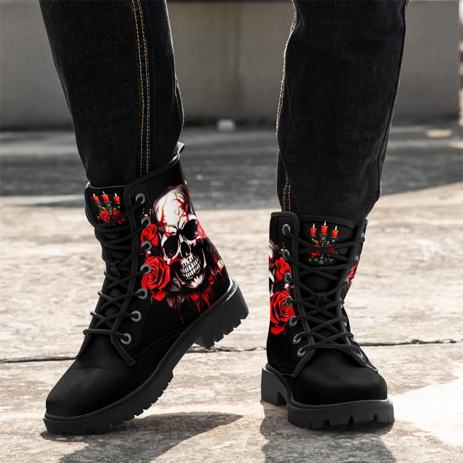 Skull Boots For Men Fashion Lace-Up Combat Boots For Women Punk Rock leather Ankle Booties Witchy Goth Shoes