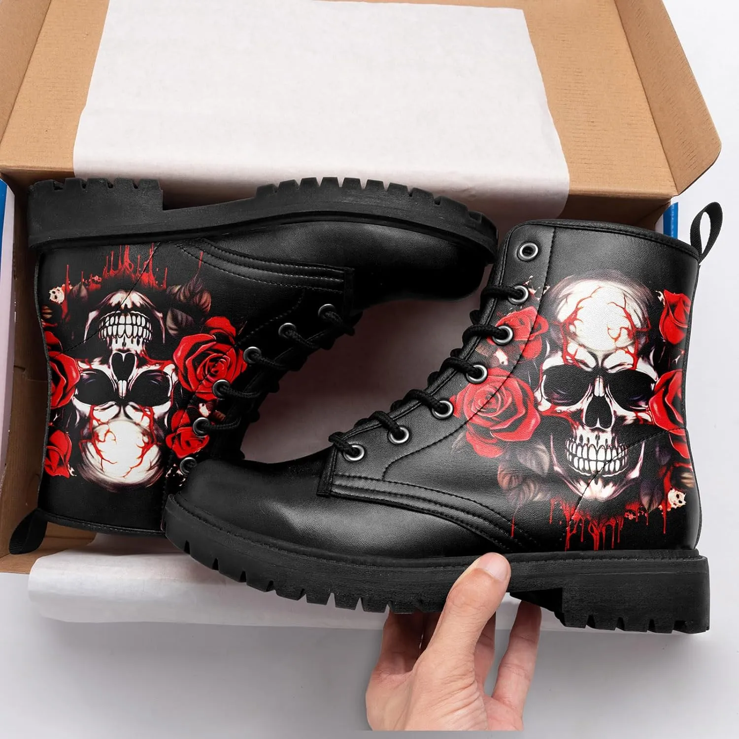 Skull Boots For Men Fashion Lace-Up Combat Boots For Women Punk Rock leather Ankle Booties Witchy Goth Shoes