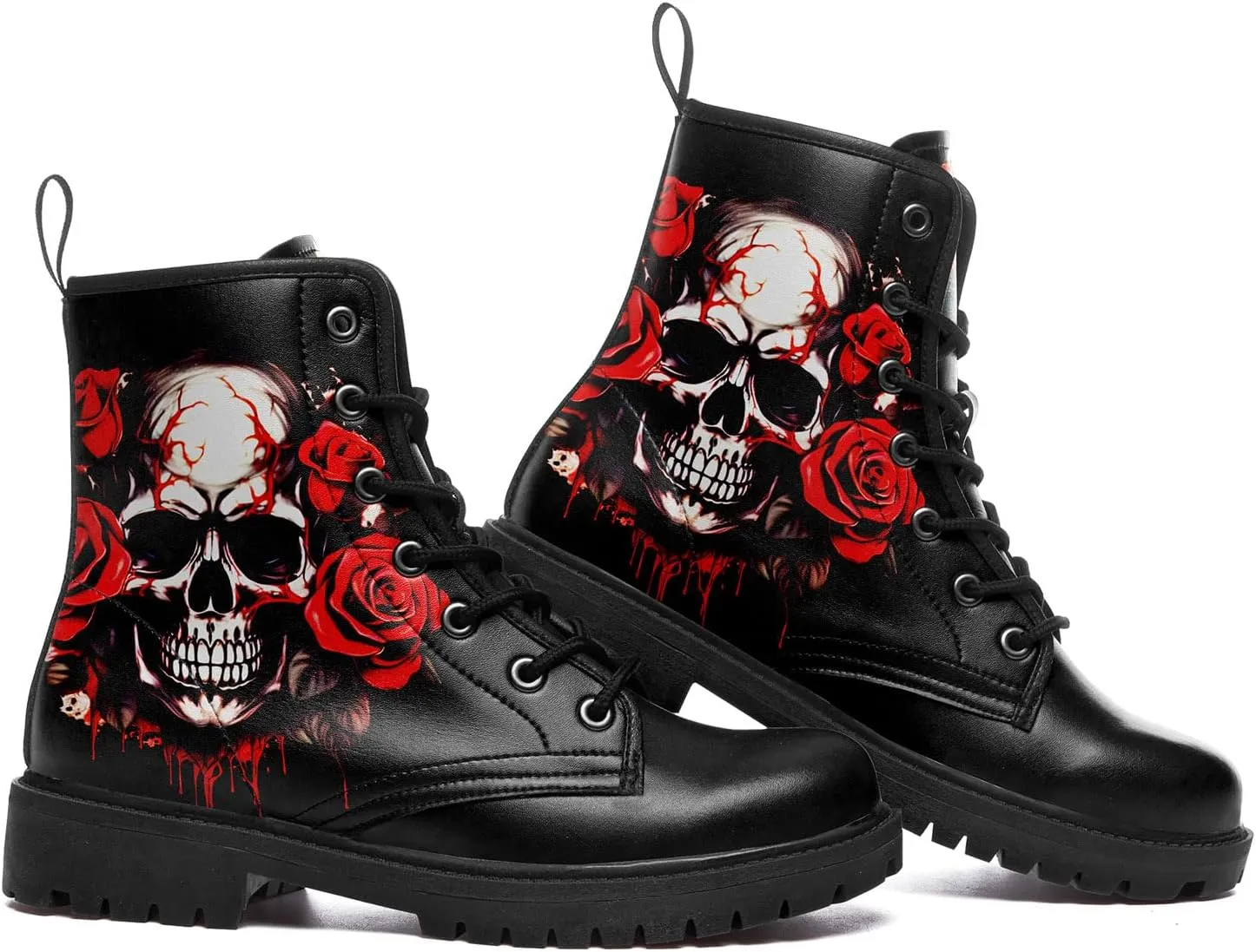 Skull Boots For Men Fashion Lace-Up Combat Boots For Women Punk Rock leather Ankle Booties Witchy Goth Shoes