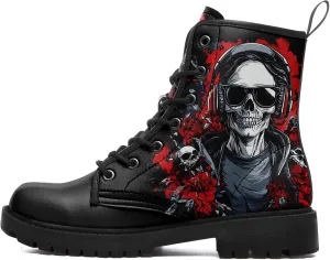 Skull Boots For Men Fashion Lace-Up Combat Boots For Women Punk Rock leather Ankle Booties Witchy Goth Shoes