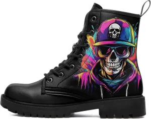 Skull Boots For Men Fashion Lace-Up Combat Boots For Women Punk Rock leather Ankle Booties Witchy Goth Shoes