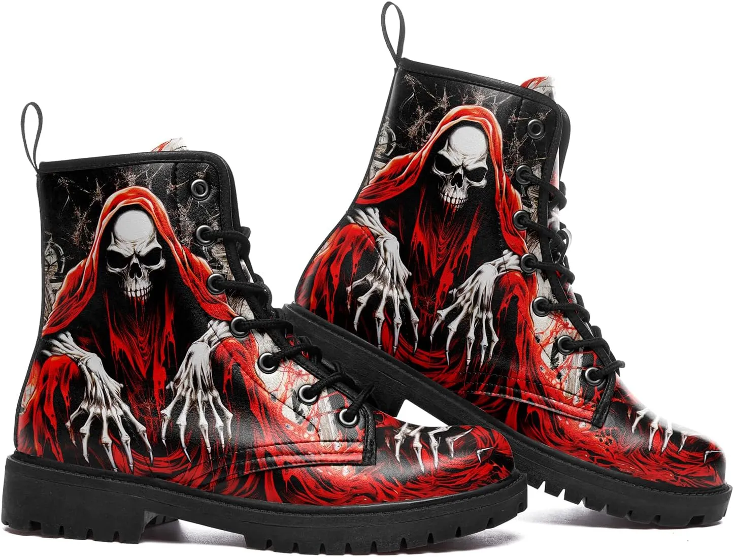 Skull Boots For Men Fashion Lace-Up Combat Boots For Women Punk Rock leather Ankle Booties Witchy Goth Shoes