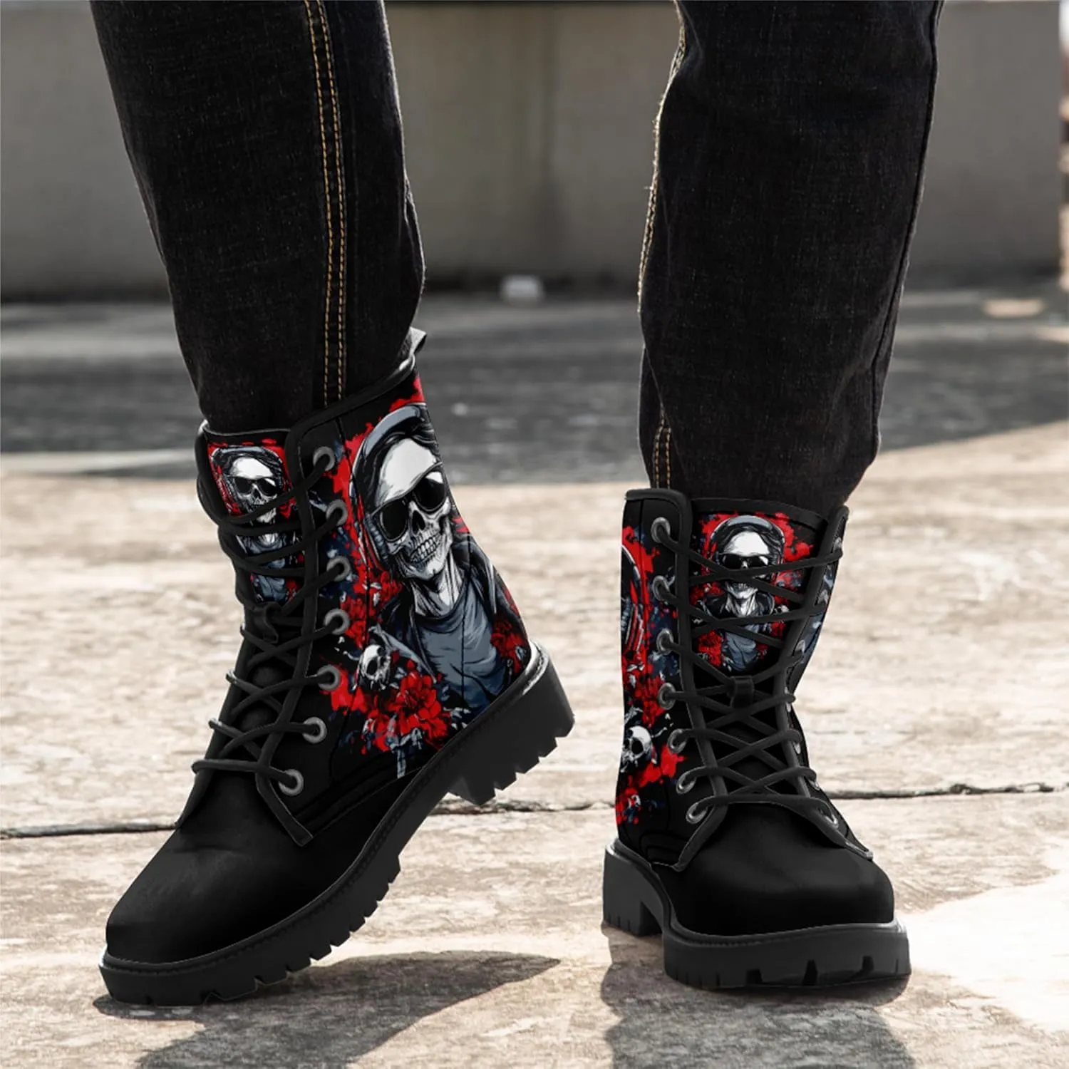 Skull Boots For Men Fashion Lace-Up Combat Boots For Women Punk Rock leather Ankle Booties Witchy Goth Shoes
