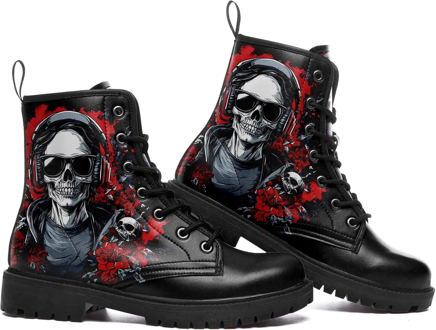 Skull Boots For Men Fashion Lace-Up Combat Boots For Women Punk Rock leather Ankle Booties Witchy Goth Shoes