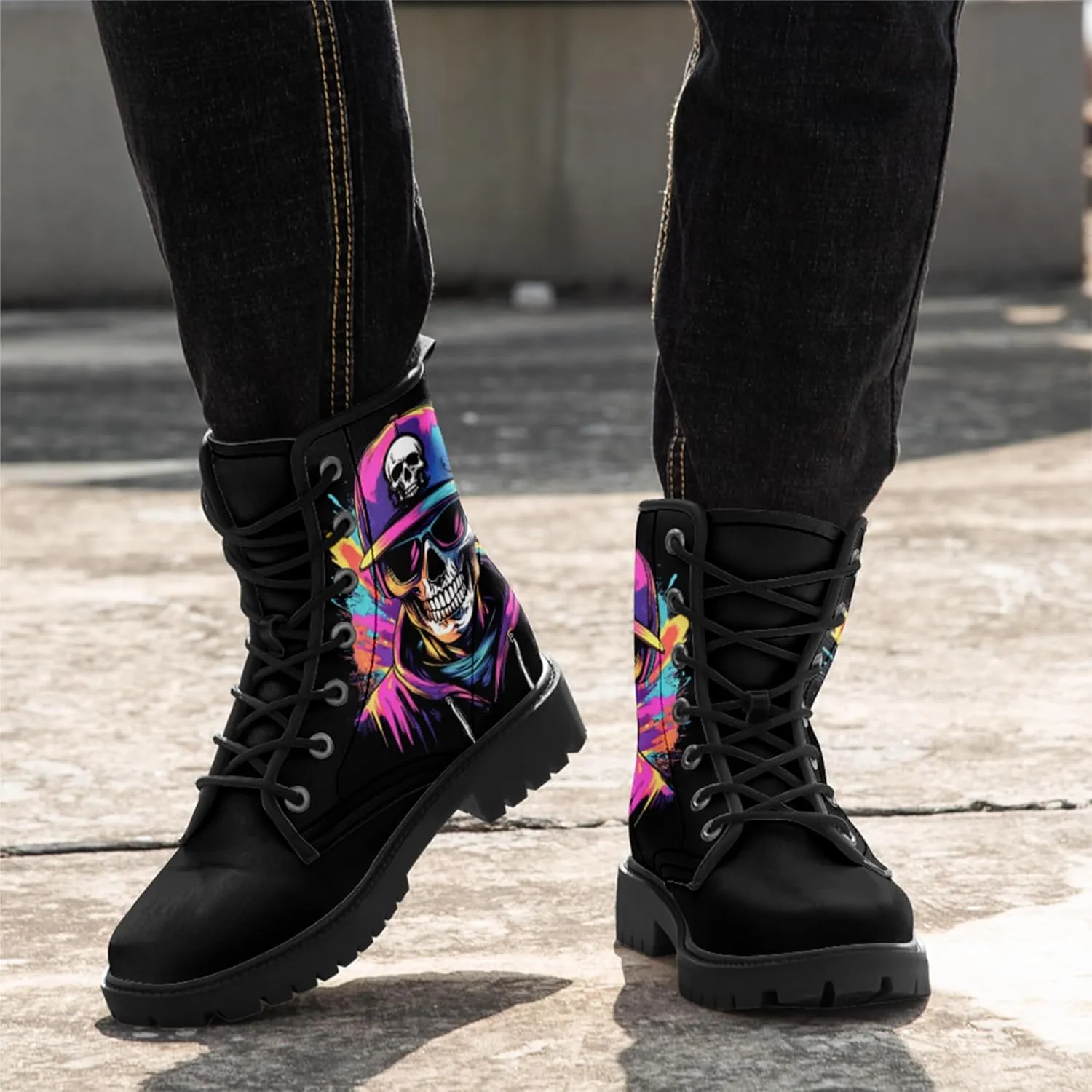 Skull Boots For Men Fashion Lace-Up Combat Boots For Women Punk Rock leather Ankle Booties Witchy Goth Shoes