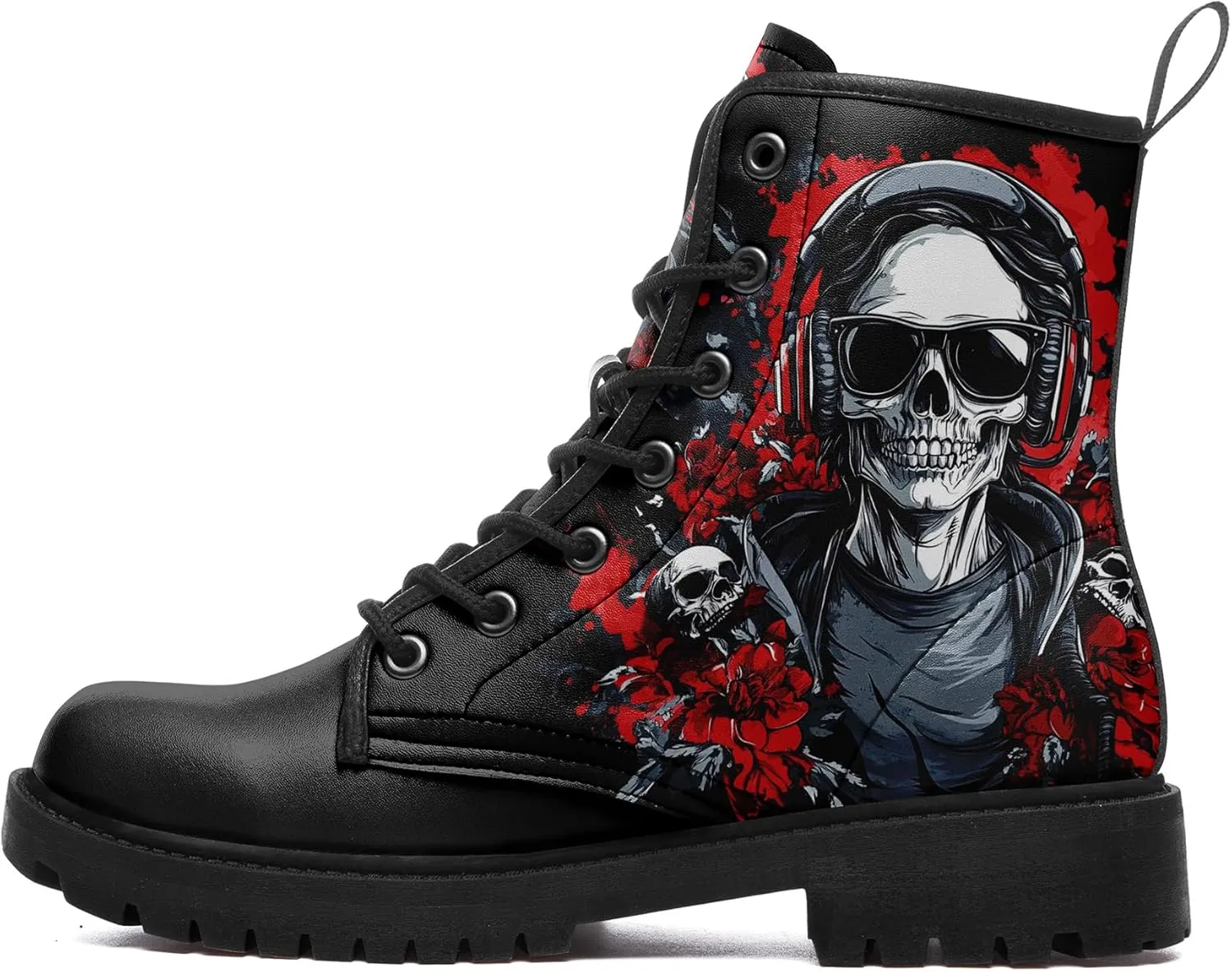 Skull Boots For Men Fashion Lace-Up Combat Boots For Women Punk Rock leather Ankle Booties Witchy Goth Shoes