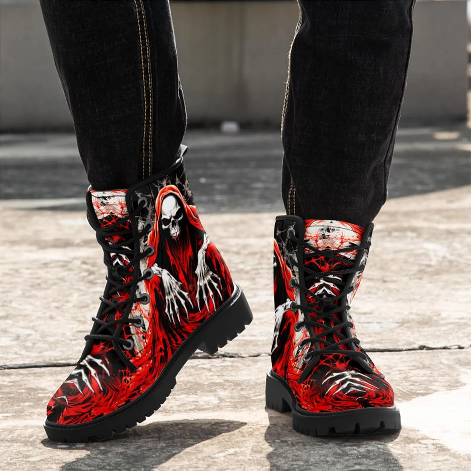 Skull Boots For Men Fashion Lace-Up Combat Boots For Women Punk Rock leather Ankle Booties Witchy Goth Shoes