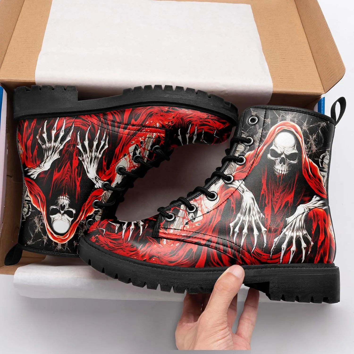 Skull Boots For Men Fashion Lace-Up Combat Boots For Women Punk Rock leather Ankle Booties Witchy Goth Shoes
