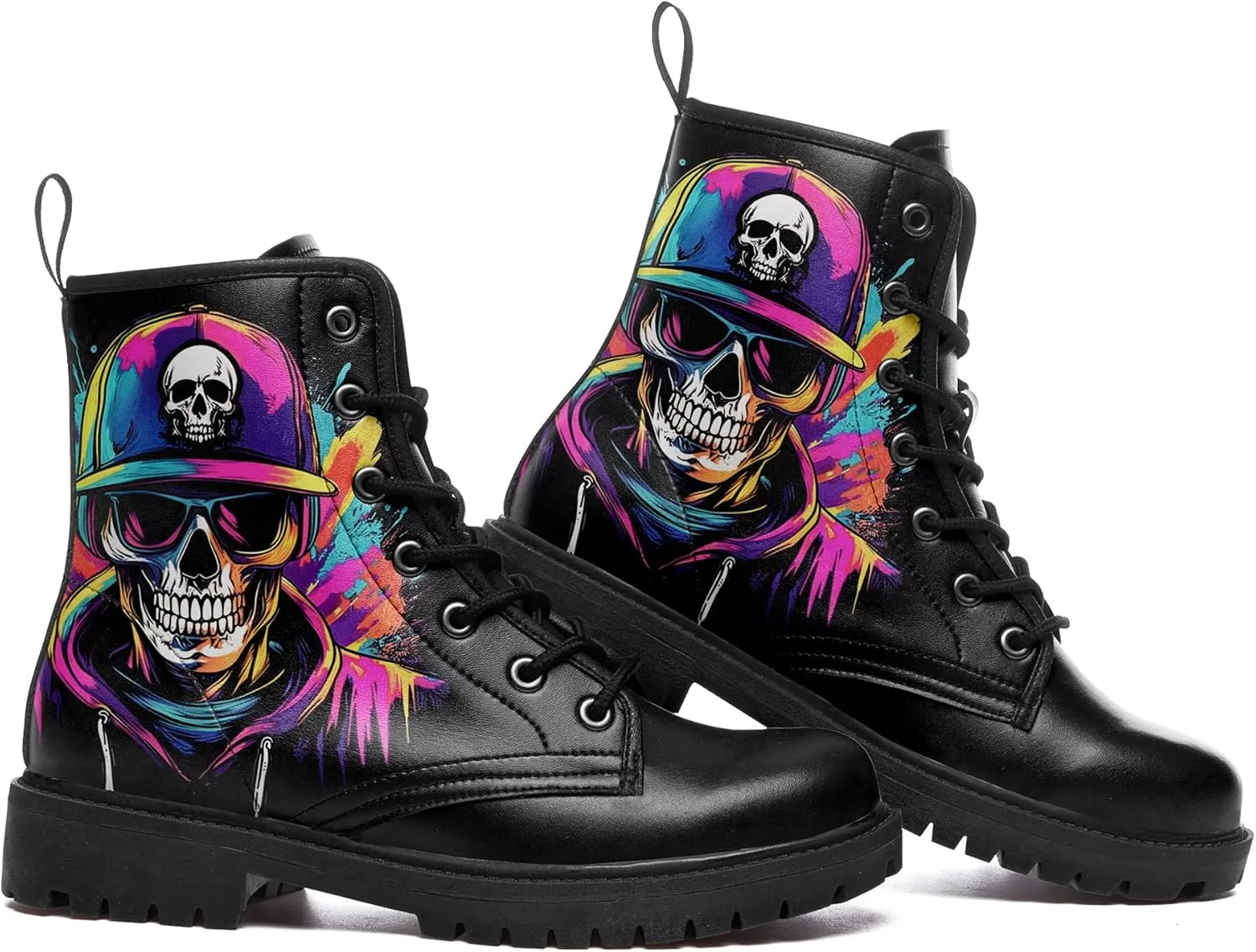 Skull Boots For Men Fashion Lace-Up Combat Boots For Women Punk Rock leather Ankle Booties Witchy Goth Shoes