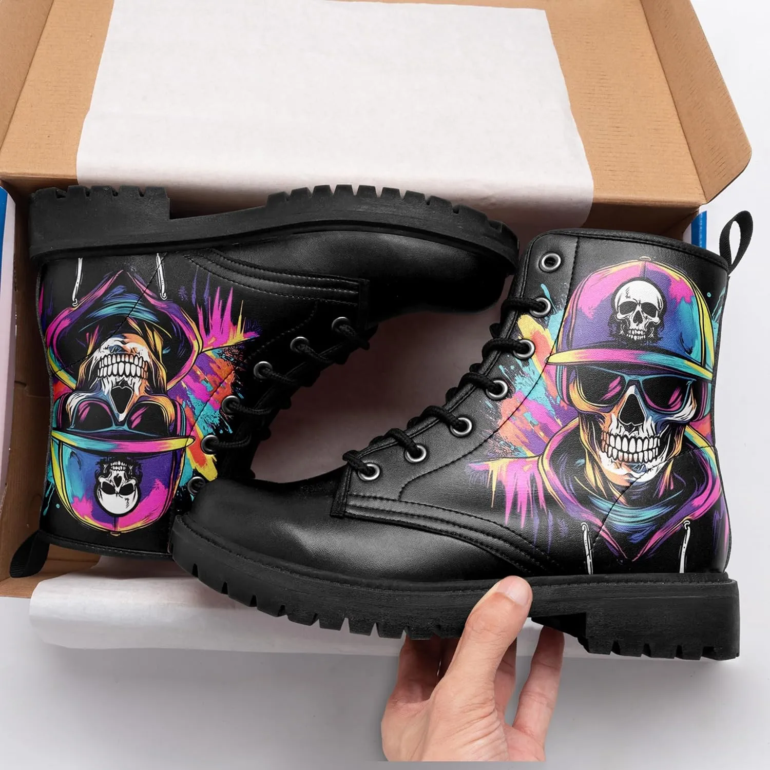 Skull Boots For Men Fashion Lace-Up Combat Boots For Women Punk Rock leather Ankle Booties Witchy Goth Shoes