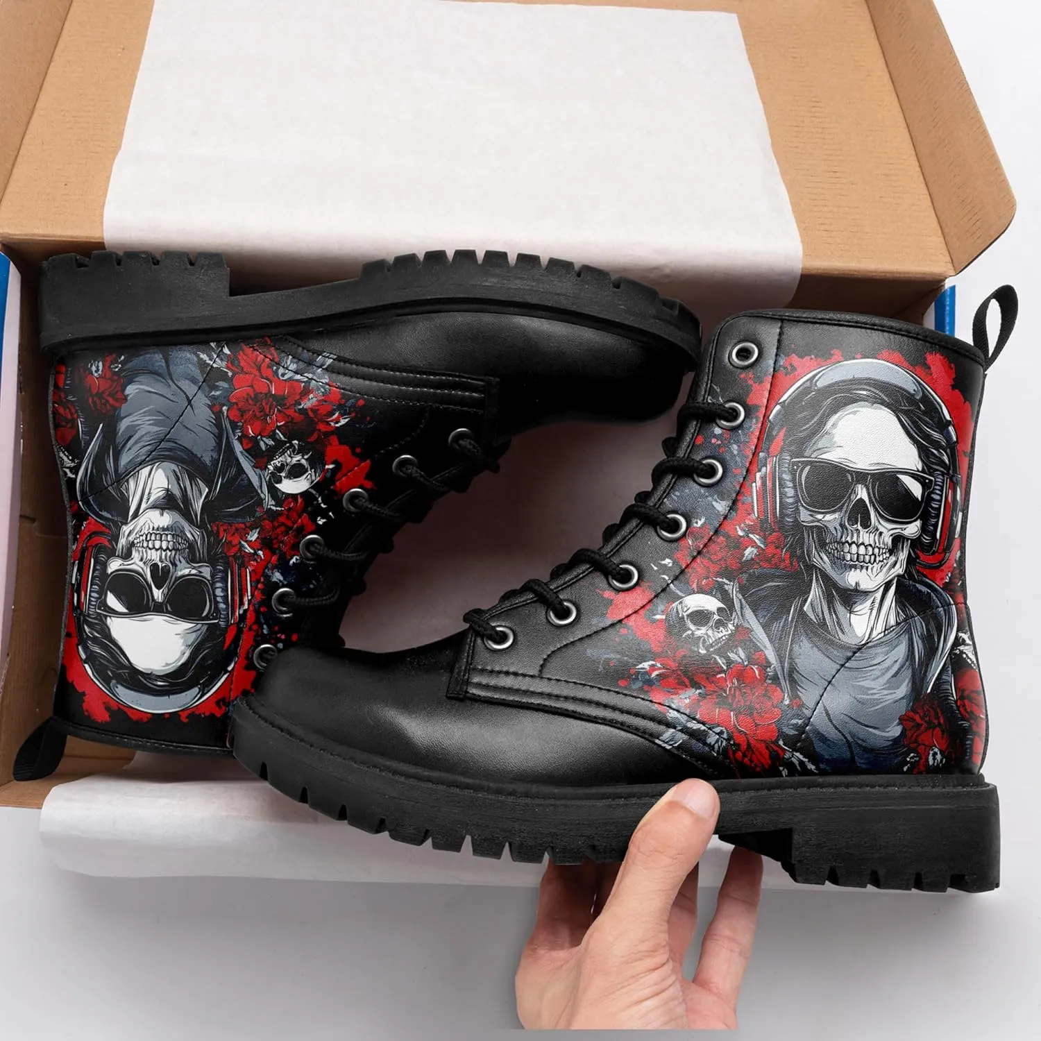 Skull Boots For Men Fashion Lace-Up Combat Boots For Women Punk Rock leather Ankle Booties Witchy Goth Shoes