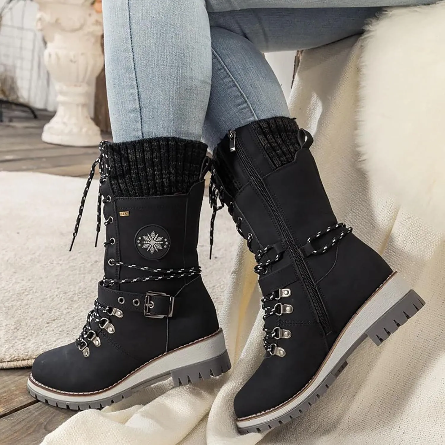 Snow Boots for Women Lace Up Anti-Slip Waterproof Outdoor Mid Calf Shoes Lined Comfortable Winter Hiking Shoes for Women