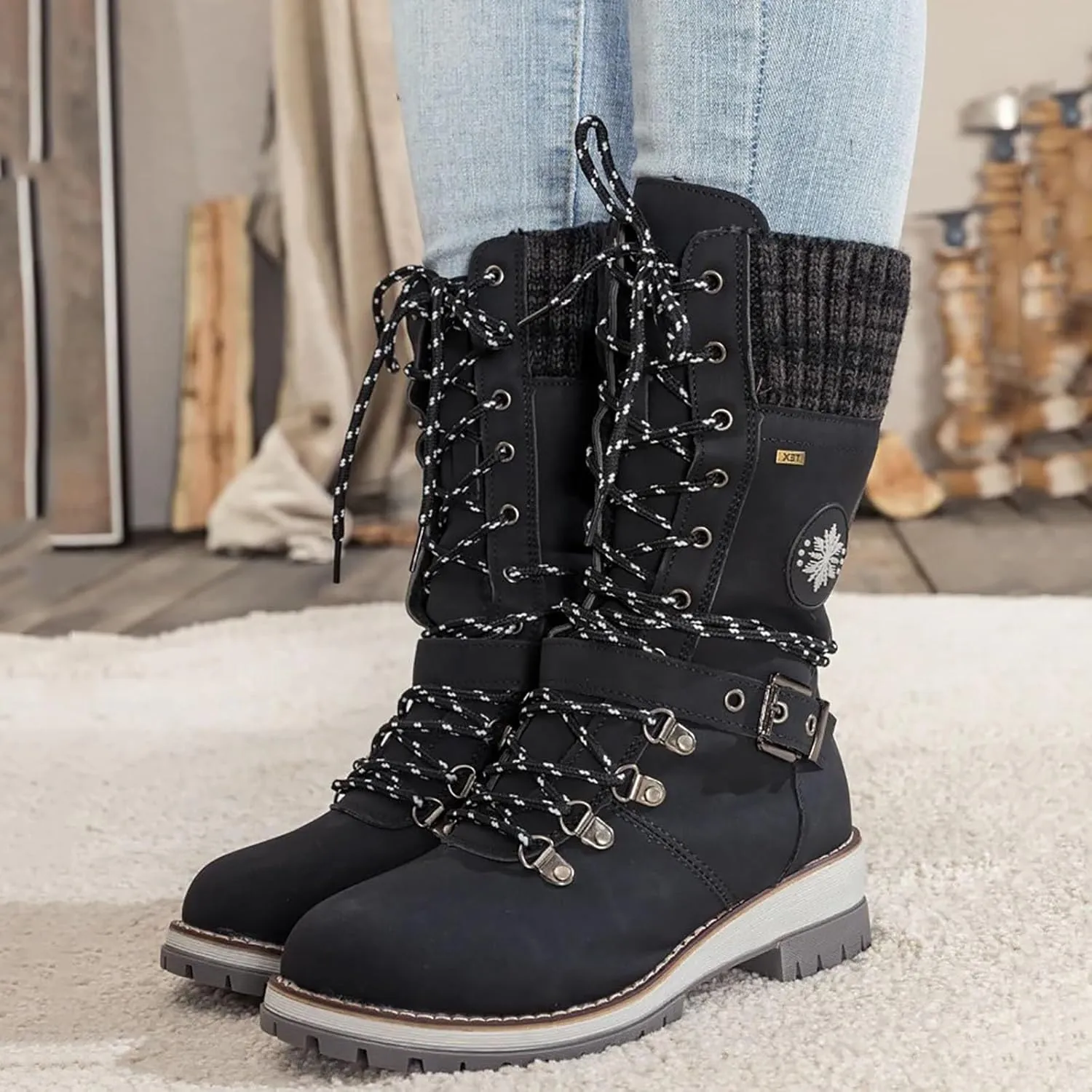 Snow Boots for Women Lace Up Anti-Slip Waterproof Outdoor Mid Calf Shoes Lined Comfortable Winter Hiking Shoes for Women