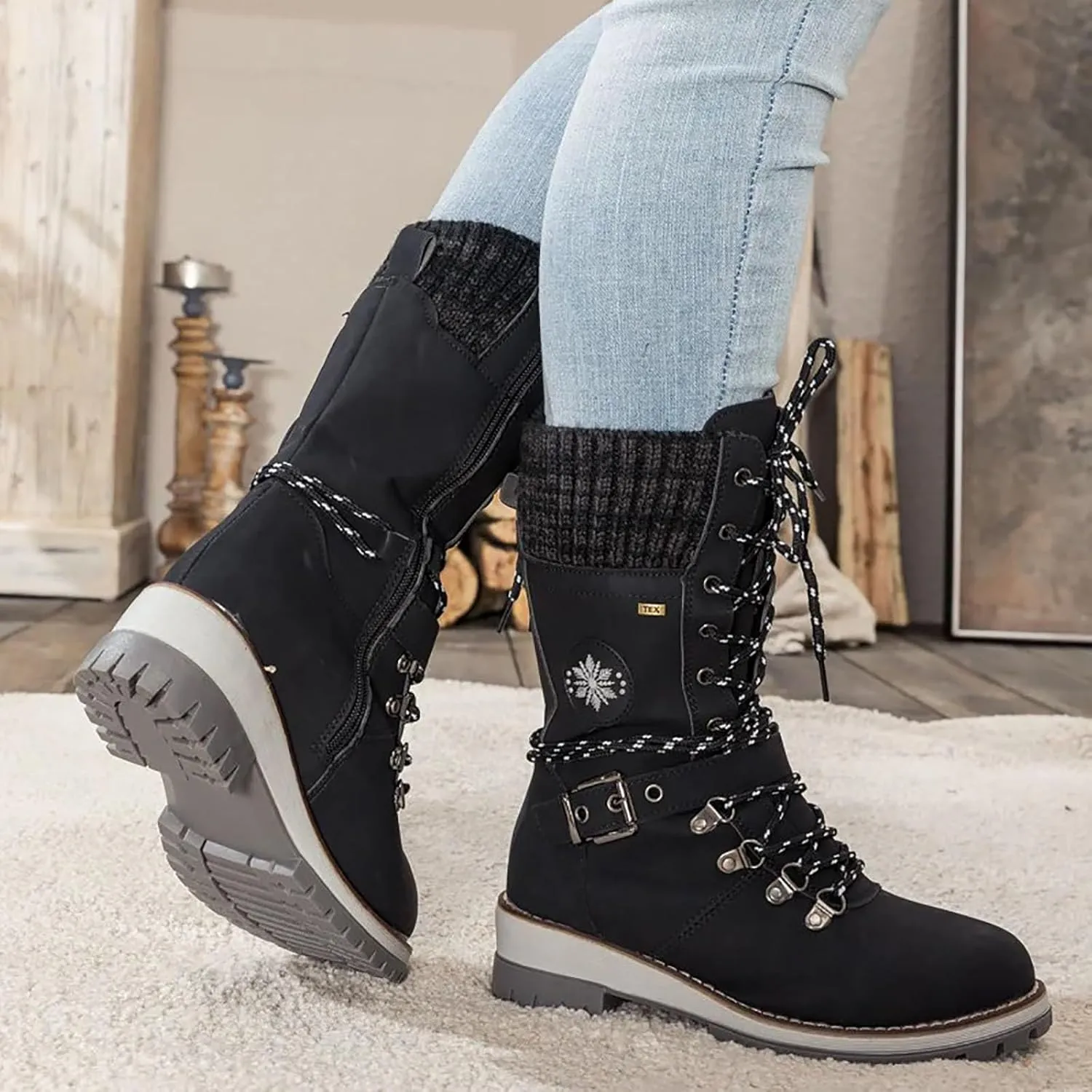 Snow Boots for Women Lace Up Anti-Slip Waterproof Outdoor Mid Calf Shoes Lined Comfortable Winter Hiking Shoes for Women
