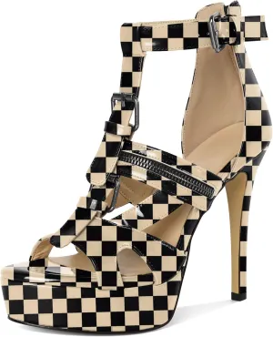 Soireelady Women's Platform High Heels Gothic Sandals Open Toe T-strap Stiletto Heels Peep Toe Punk Heeled Sandals 5 Inch