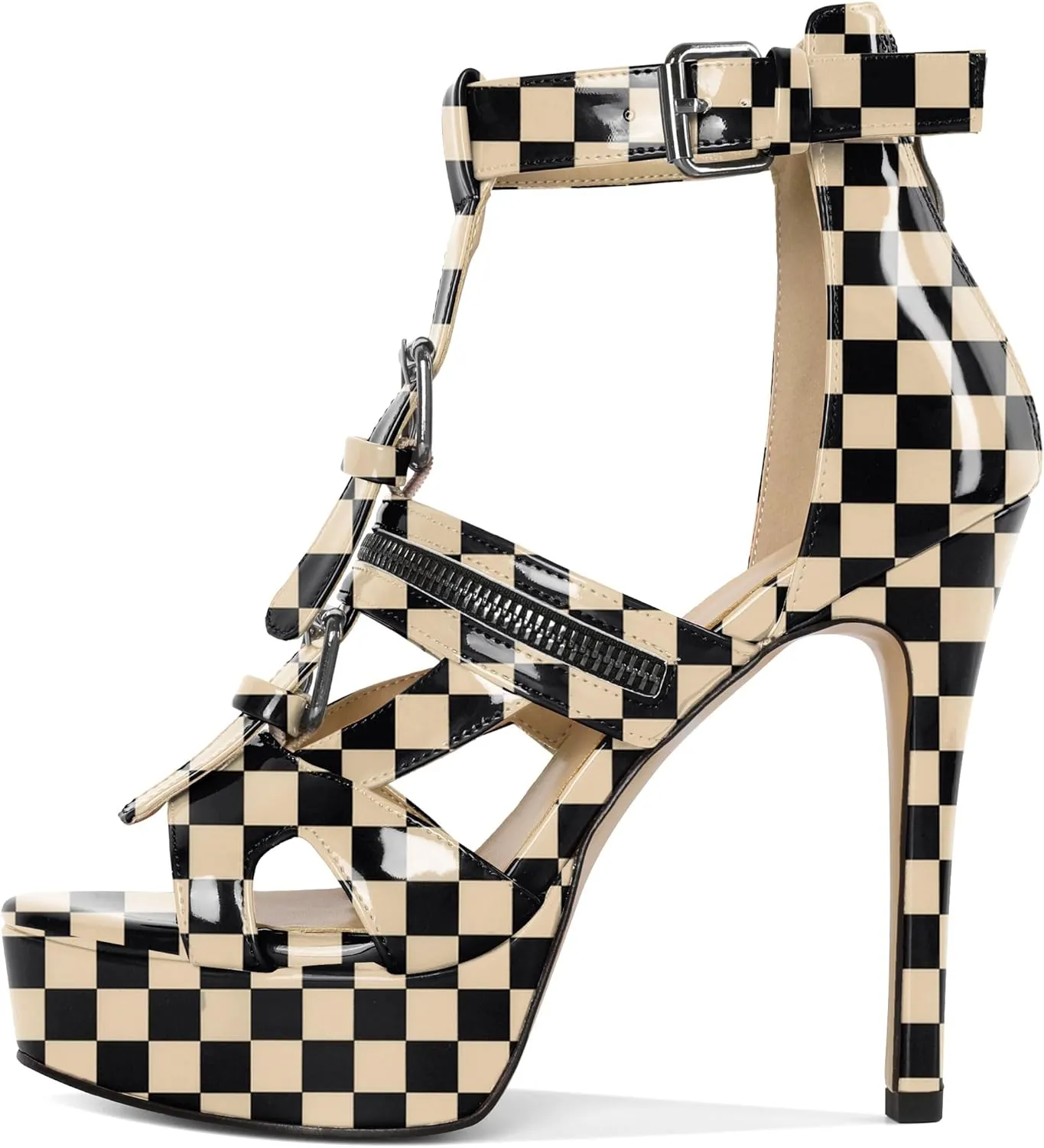 Soireelady Women's Platform High Heels Gothic Sandals Open Toe T-strap Stiletto Heels Peep Toe Punk Heeled Sandals 5 Inch