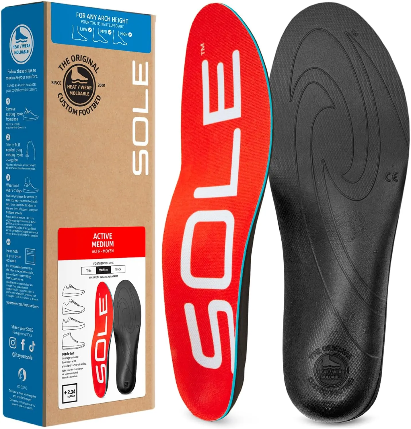 SOLE Active Medium - Plantar Fasciitis Relief Arch Support Insoles - Orthotic Shoe Inserts - Men's Size 6/Women's Size 8