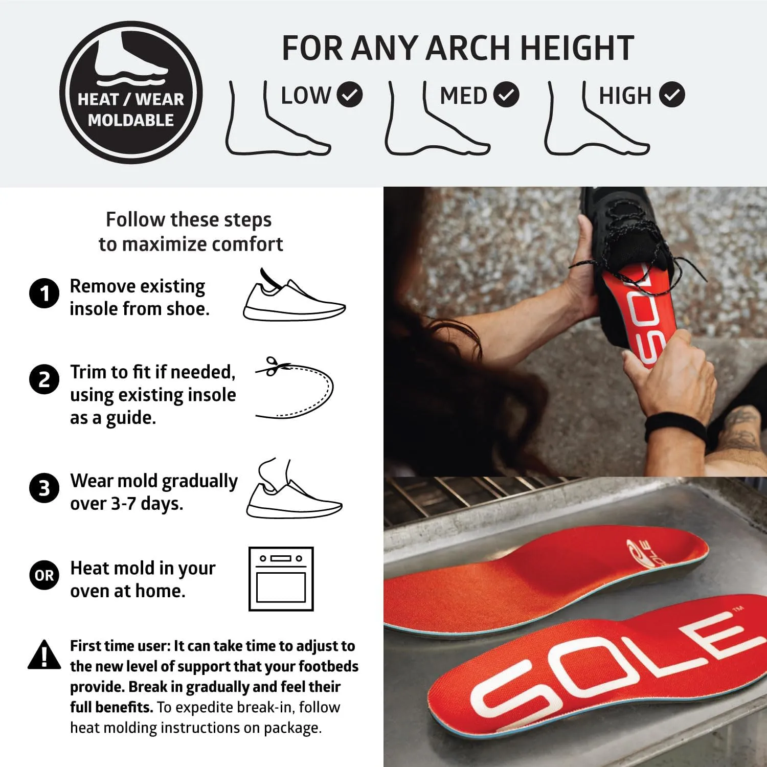 SOLE Active Medium - Plantar Fasciitis Relief Arch Support Insoles - Orthotic Shoe Inserts - Men's Size 6/Women's Size 8