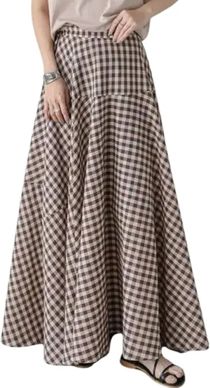 SOMTHRON Women's Retro Plaid Maxi Skirt A Line Pleated Flared Elastic High Waisted Gingham Summer Swing Long Skirt
