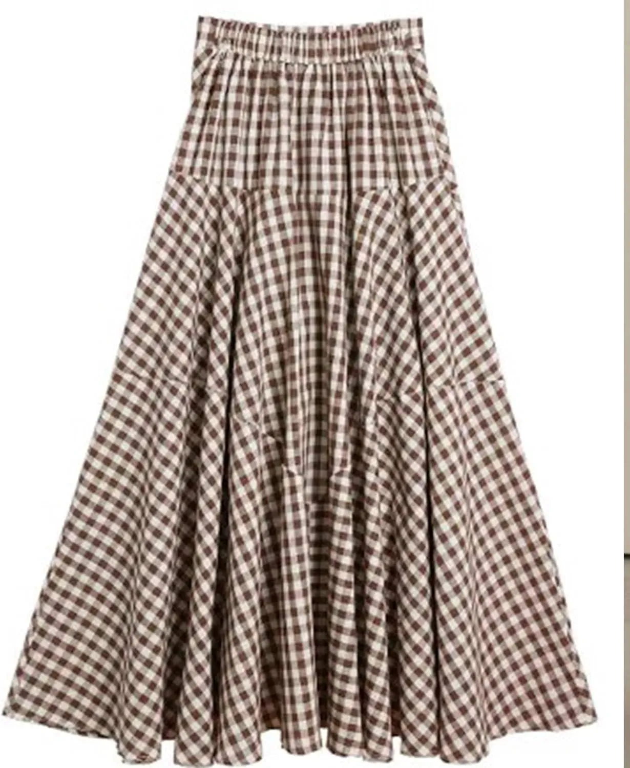SOMTHRON Women's Retro Plaid Maxi Skirt A Line Pleated Flared Elastic High Waisted Gingham Summer Swing Long Skirt