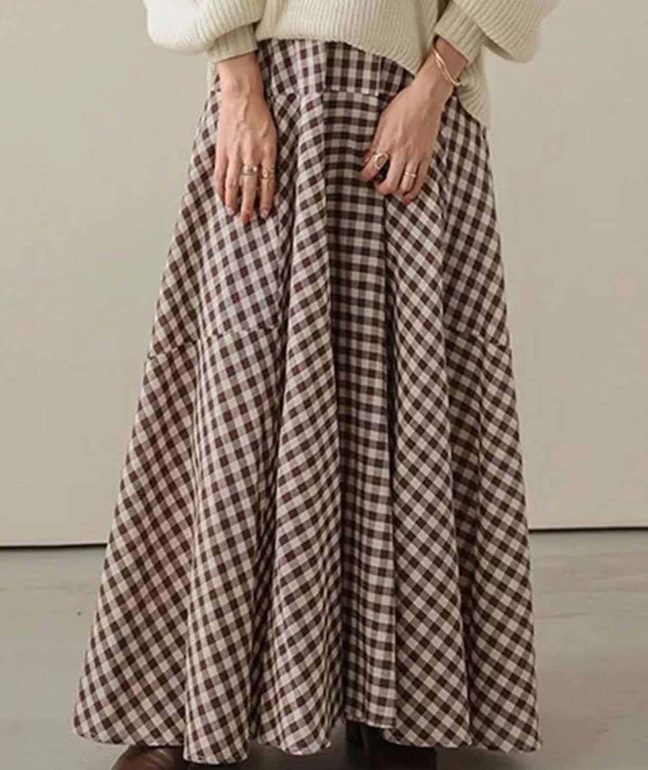 SOMTHRON Women's Retro Plaid Maxi Skirt A Line Pleated Flared Elastic High Waisted Gingham Summer Swing Long Skirt