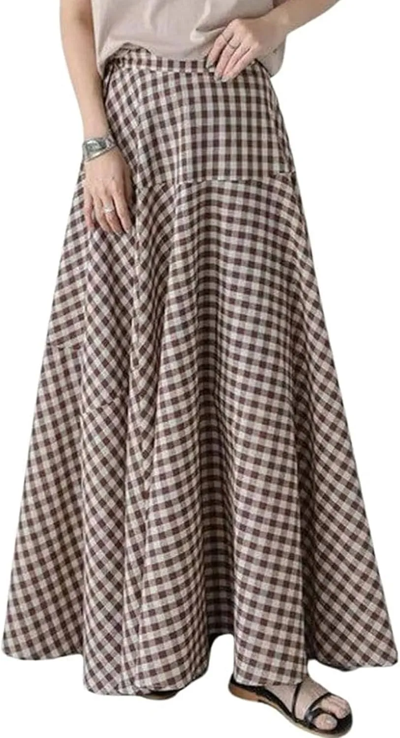 SOMTHRON Women's Retro Plaid Maxi Skirt A Line Pleated Flared Elastic High Waisted Gingham Summer Swing Long Skirt