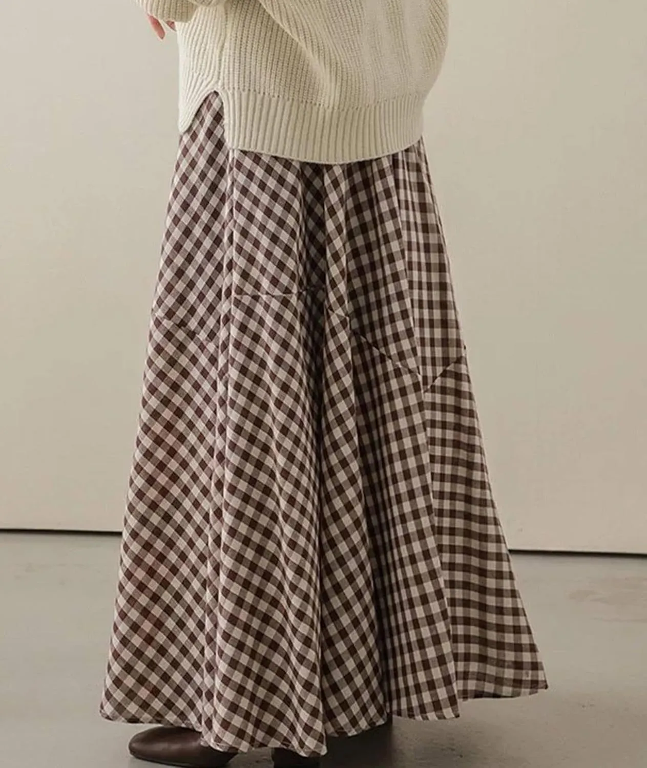 SOMTHRON Women's Retro Plaid Maxi Skirt A Line Pleated Flared Elastic High Waisted Gingham Summer Swing Long Skirt