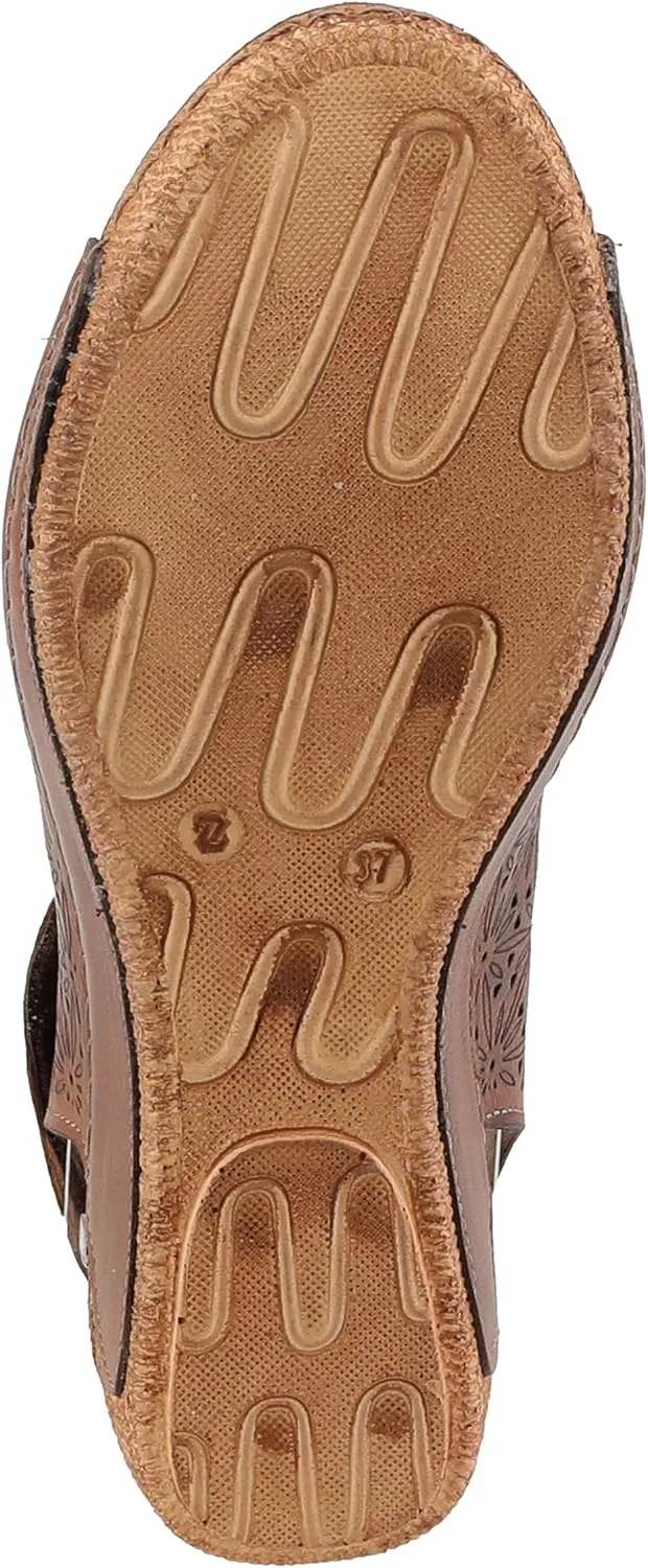 Spring Step Inocencia Women's Leather Wedge Sandals | Low Heel Sandals for Women with Floral Laser Cut Design, Hook and Loop Strap, Mediterranean Style
