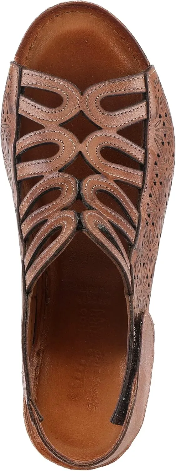 Spring Step Inocencia Women's Leather Wedge Sandals | Low Heel Sandals for Women with Floral Laser Cut Design, Hook and Loop Strap, Mediterranean Style