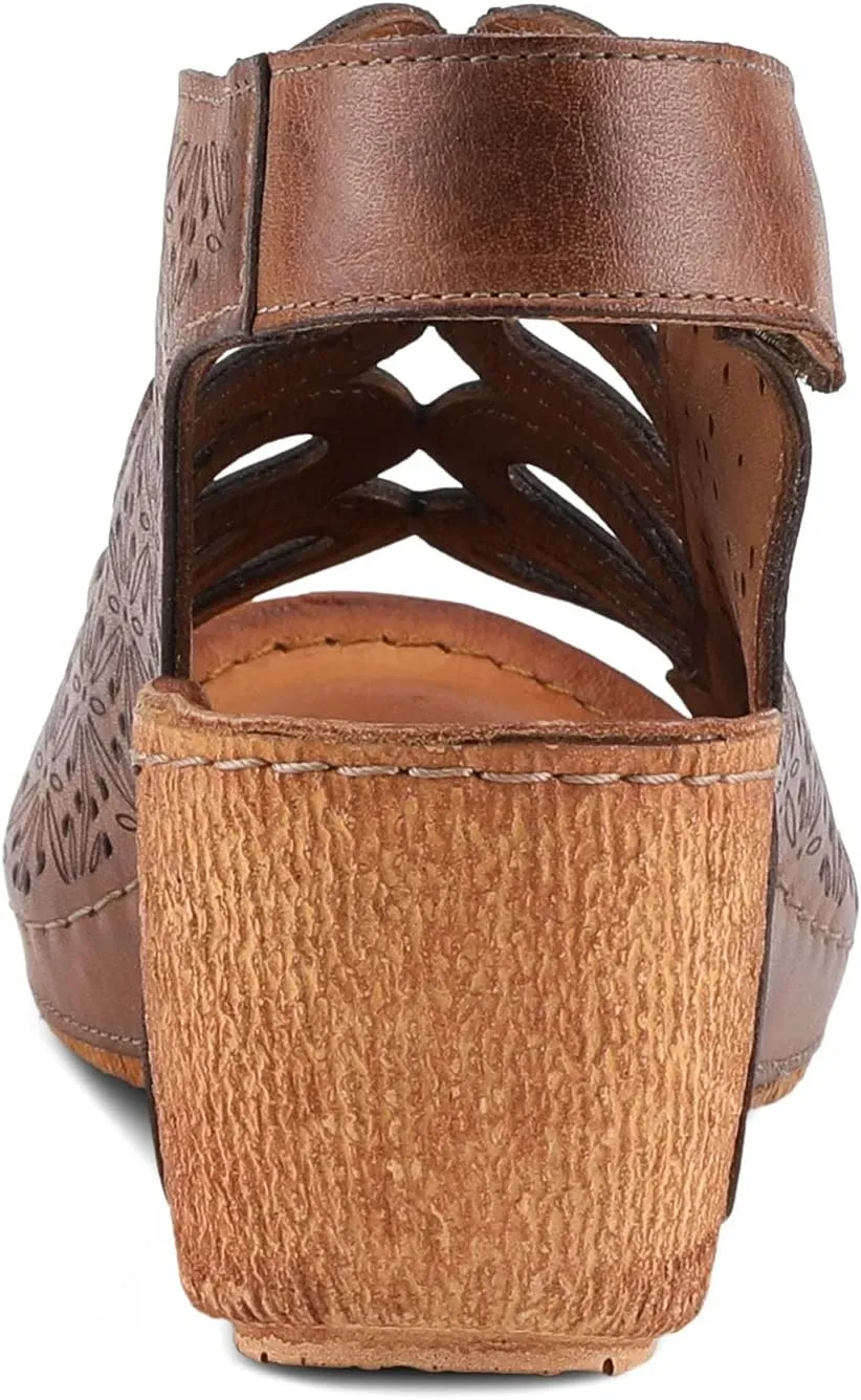 Spring Step Inocencia Women's Leather Wedge Sandals | Low Heel Sandals for Women with Floral Laser Cut Design, Hook and Loop Strap, Mediterranean Style