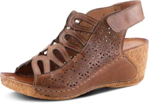Spring Step Inocencia Women's Leather Wedge Sandals | Low Heel Sandals for Women with Floral Laser Cut Design, Hook and Loop Strap, Mediterranean Style