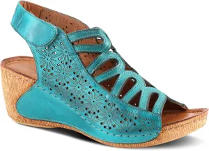 Spring Step Inocencia Women's Leather Wedge Sandals | Low Heel Sandals for Women with Floral Laser Cut Design, Hook and Loop Strap, Mediterranean Style